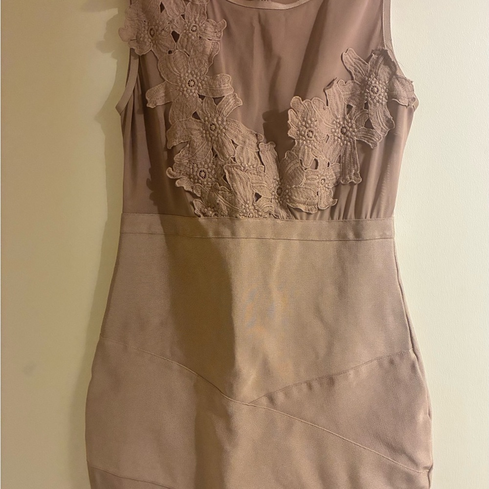 Sleeveless Lace Appliqué Bodycon Dress in Taupe